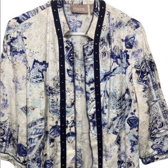 Chicos Cream & Blue Paisley Open Front Stud Lightweight Blazer Size 2 Large - Picture 3 of 6